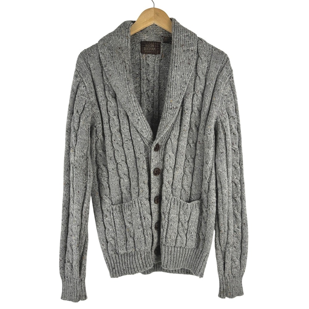 VTG! High Sierra‎ Mens L Cable Chunky Knit Shawl Collar Sweater Wool Blend Gray